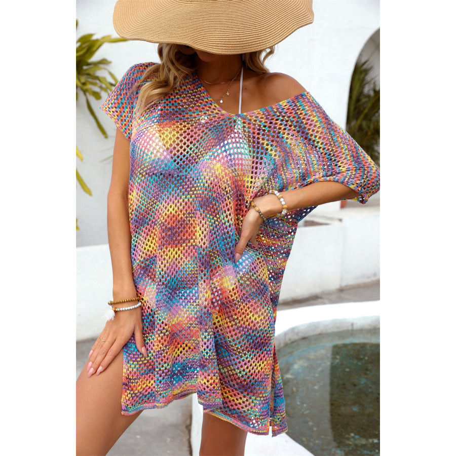 Openwork Contrast Short Sleeve Cover-Up Strawberry / One Size Apparel and Accessories