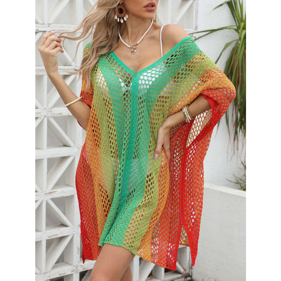 Openwork Contrast V - Neck Cover - Up Apparel and Accessories