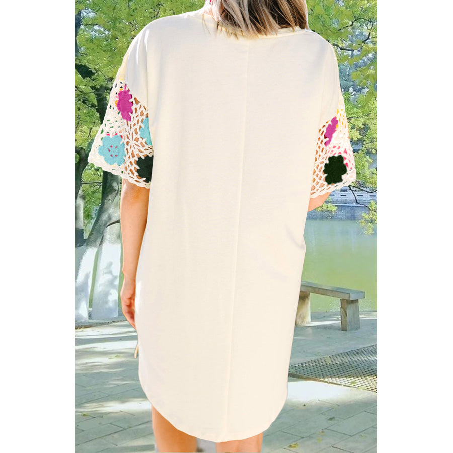 Openwork Crochet Round Neck Half Sleeve Dress Apparel and Accessories