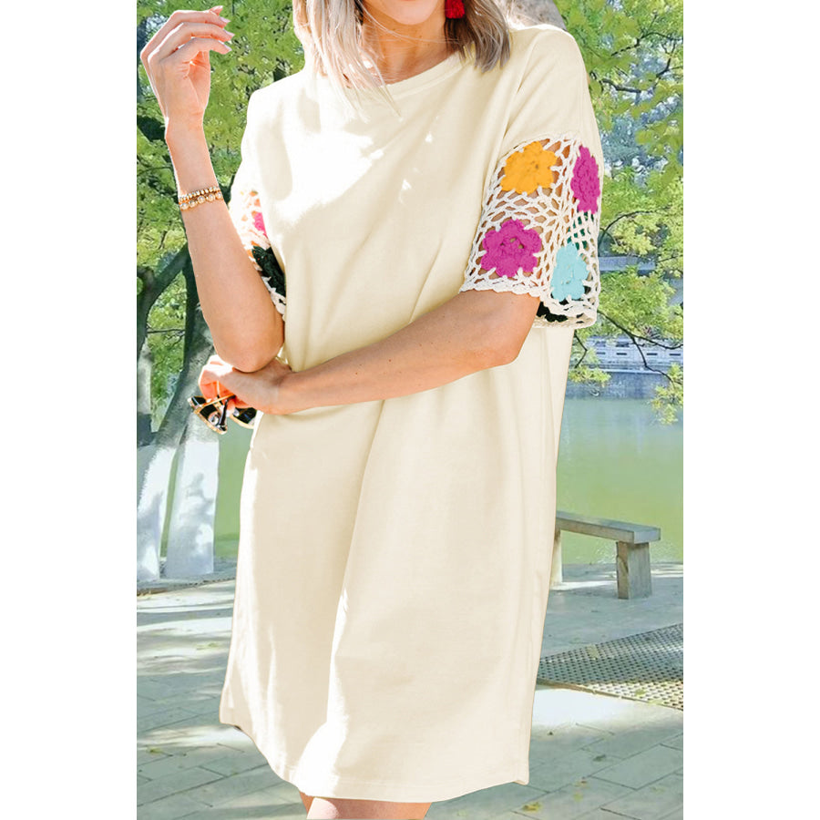 Openwork Crochet Round Neck Half Sleeve Dress Apparel and Accessories