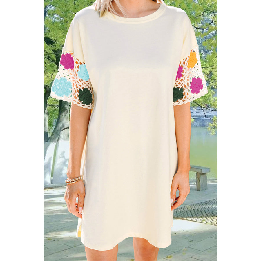 Openwork Crochet Round Neck Half Sleeve Dress Ivory / S Apparel and Accessories