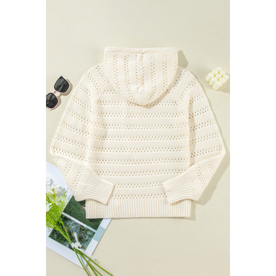 Openwork Drawstring Long Sleeve Hooded Knit Cover Up Apparel and Accessories