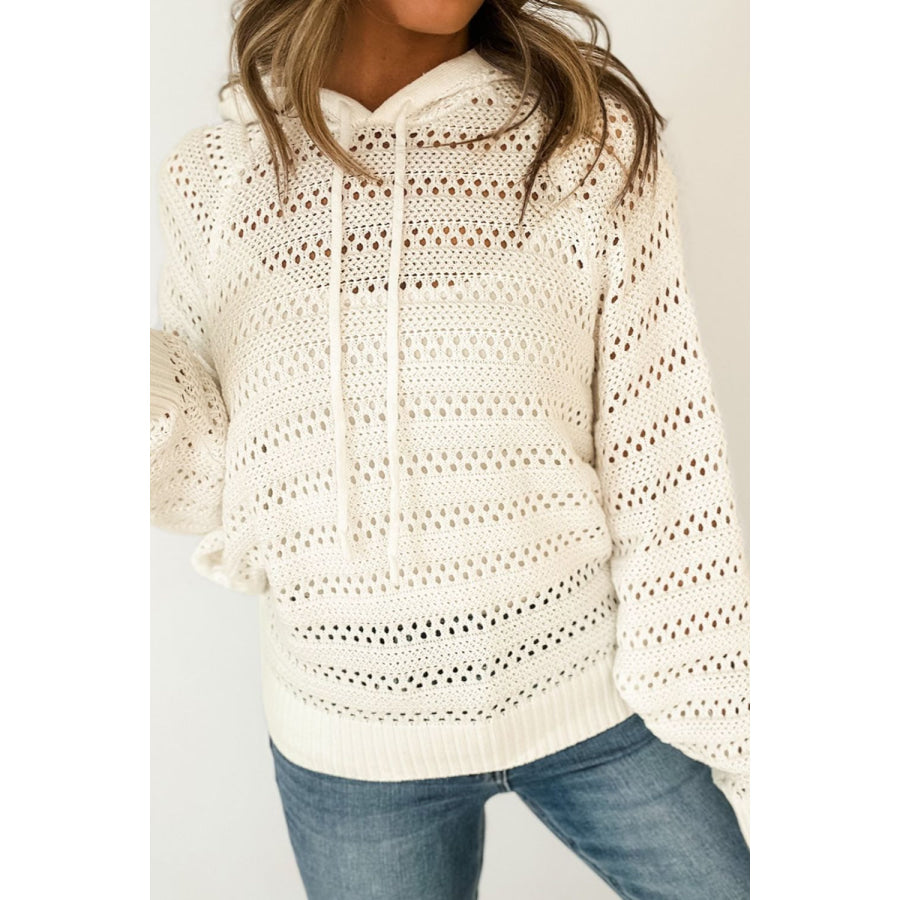 Openwork Drawstring Long Sleeve Hooded Knit Cover Up Beige / S Apparel and Accessories