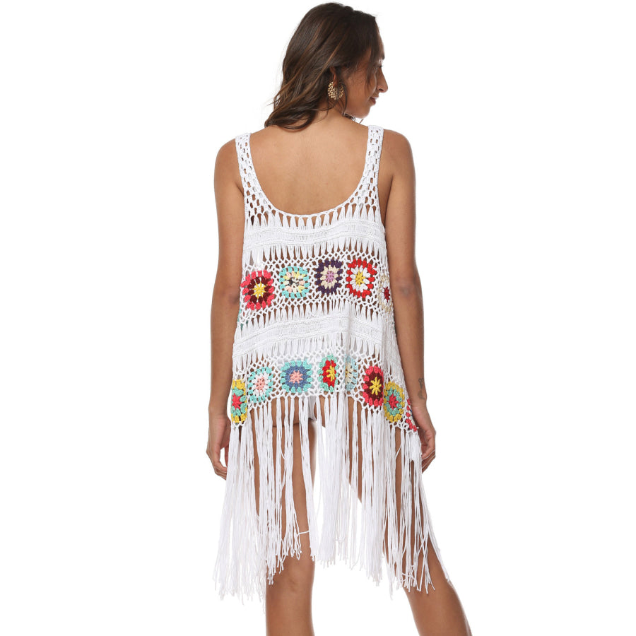Openwork Fringe Detail Embroidery Sleeveless Cover-Up Apparel and Accessories