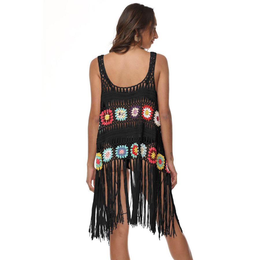 Openwork Fringe Detail Embroidery Sleeveless Cover-Up Apparel and Accessories