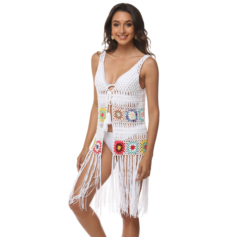 Openwork Fringe Detail Embroidery Sleeveless Cover-Up Apparel and Accessories