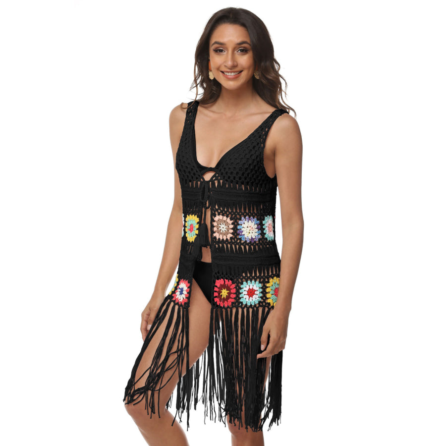 Openwork Fringe Detail Embroidery Sleeveless Cover-Up Apparel and Accessories