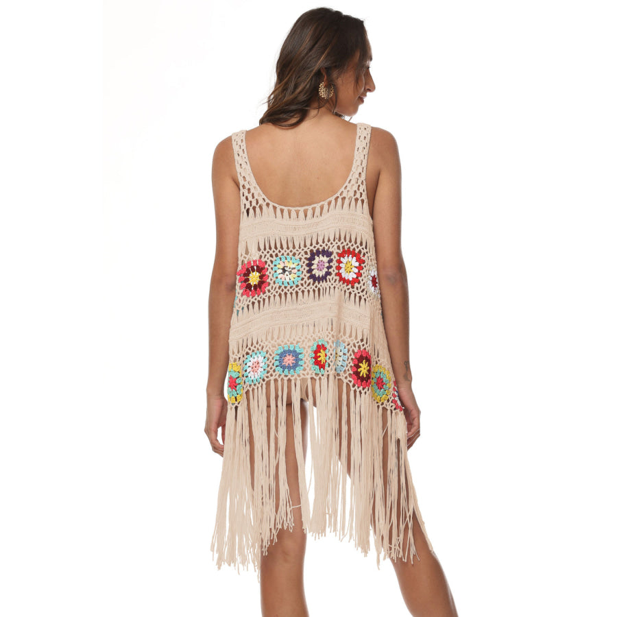 Openwork Fringe Detail Embroidery Sleeveless Cover-Up Apparel and Accessories