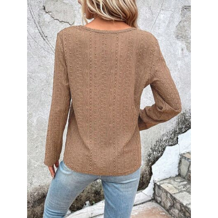 Openwork Half Button Long Sleeve Blouse Clothing