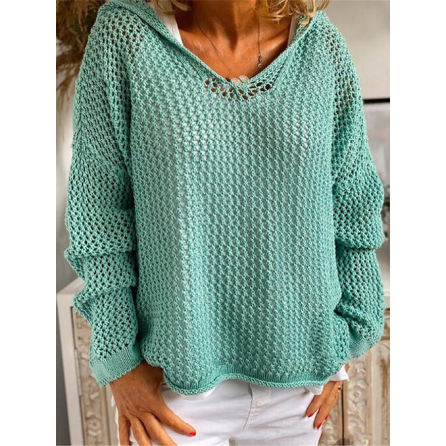 Openwork Hooded Long Sleeve Sweater