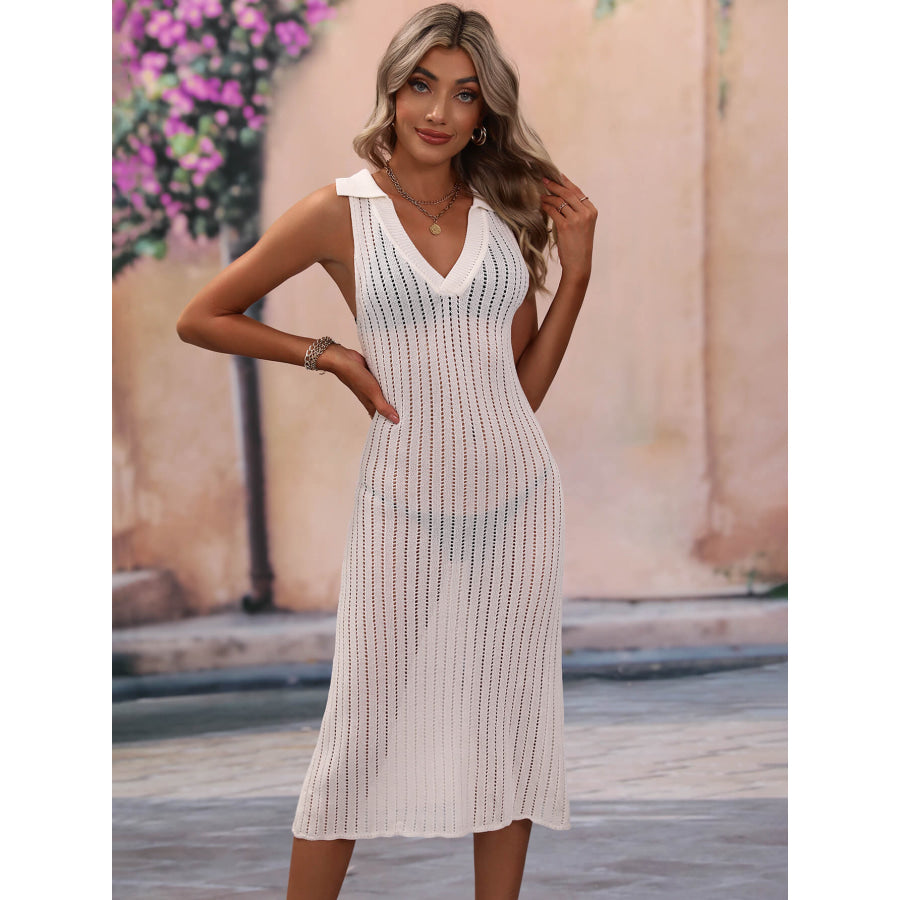 Openwork Johnny Collar Cover Up Dress White / S