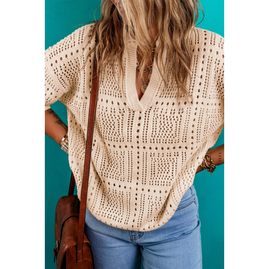 Openwork Johnny Collar Half Sleeve Knit Top Apparel and Accessories
