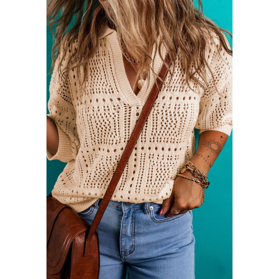 Openwork Johnny Collar Half Sleeve Knit Top Apparel and Accessories