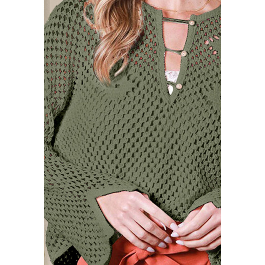 Openwork Notched Long Sleeve Knit Cover Up Apparel and Accessories