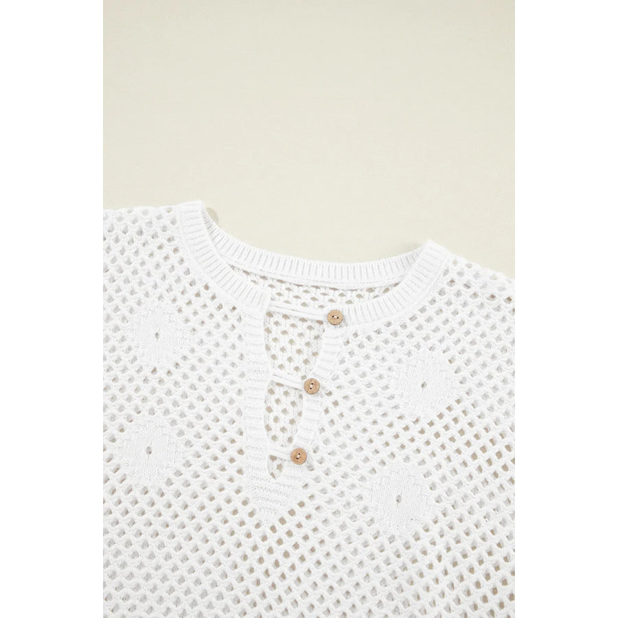 Openwork Notched Long Sleeve Knit Cover Up Apparel and Accessories