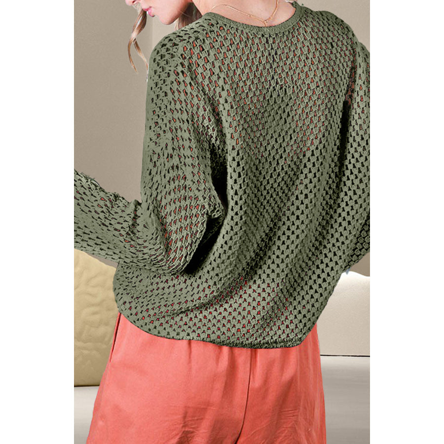 Openwork Notched Long Sleeve Knit Cover Up Apparel and Accessories