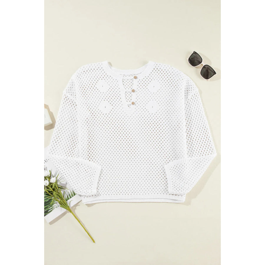 Openwork Notched Long Sleeve Knit Cover Up Apparel and Accessories