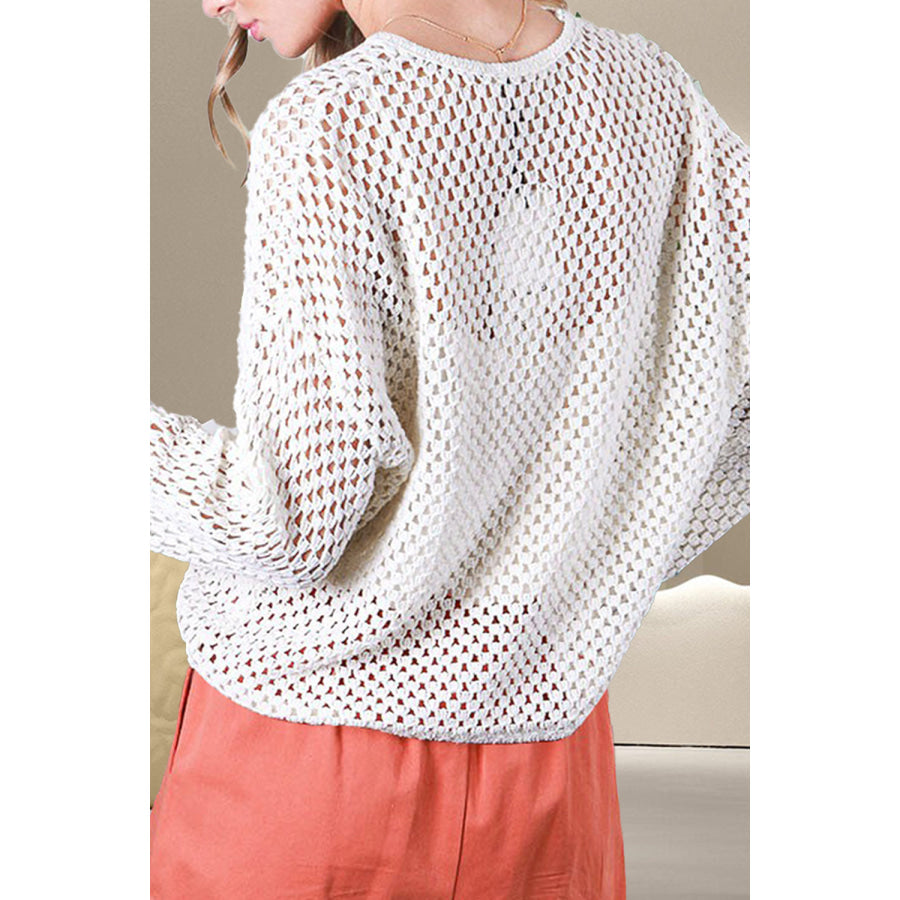 Openwork Notched Long Sleeve Knit Cover Up Apparel and Accessories