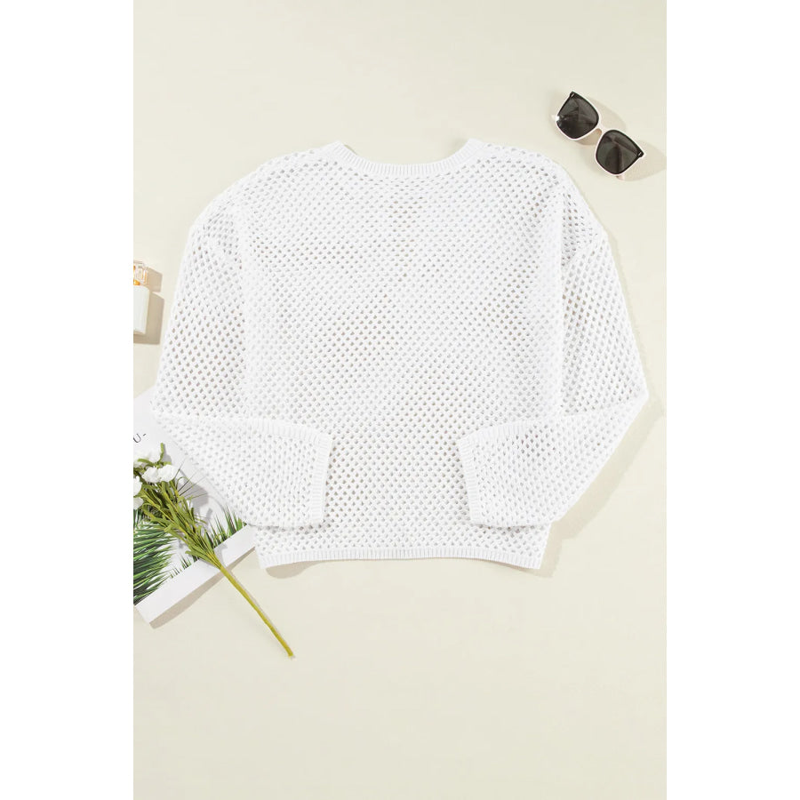 Openwork Notched Long Sleeve Knit Cover Up Apparel and Accessories