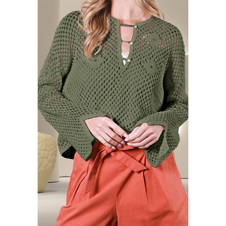 Openwork Notched Long Sleeve Knit Cover Up Moss / S Apparel and Accessories