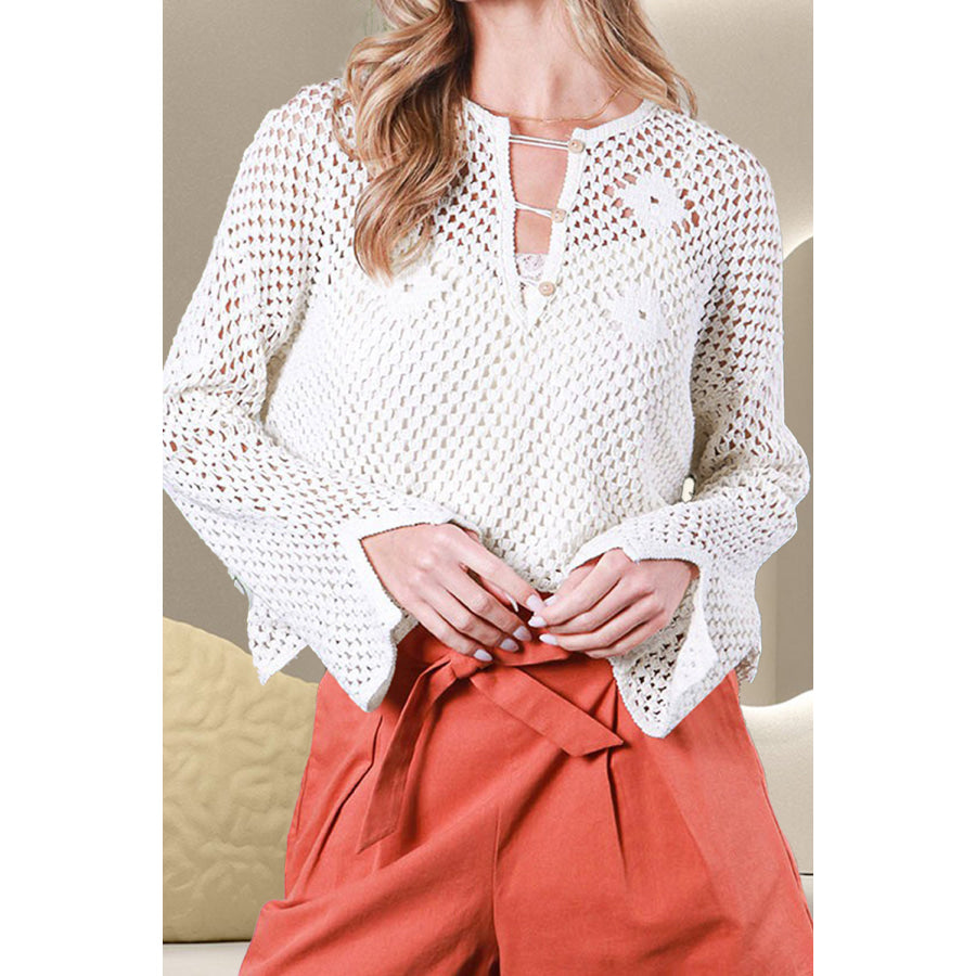 Openwork Notched Long Sleeve Knit Cover Up White / S Apparel and Accessories