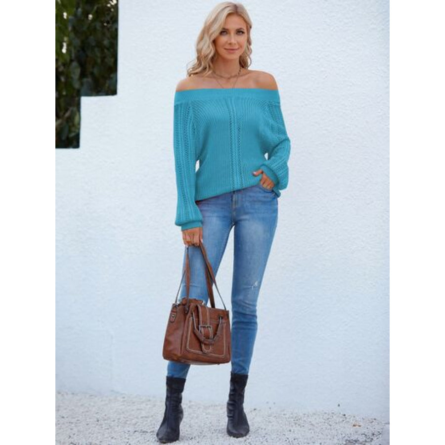 Openwork Off - Shoulder Long Sleeve Sweater Clothing