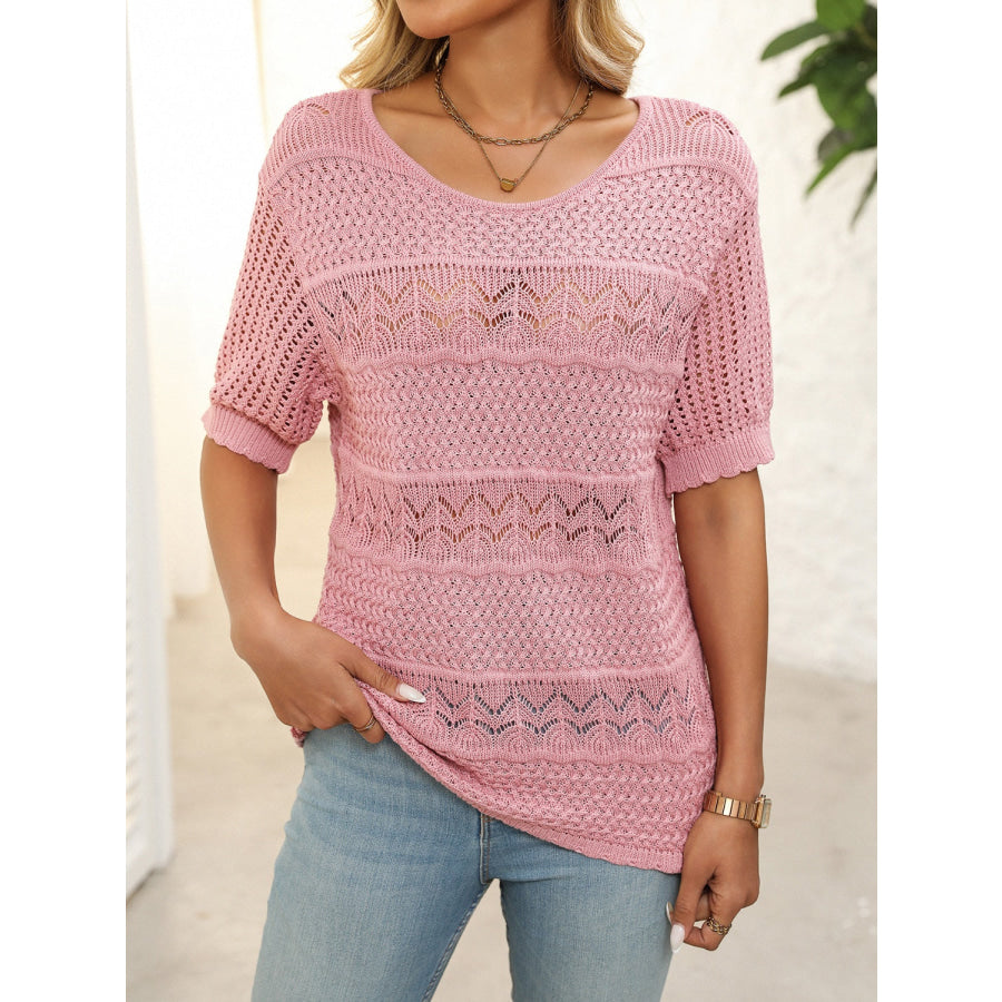 Openwork Round Neck Half Sleeve Knit Top Apparel and Accessories