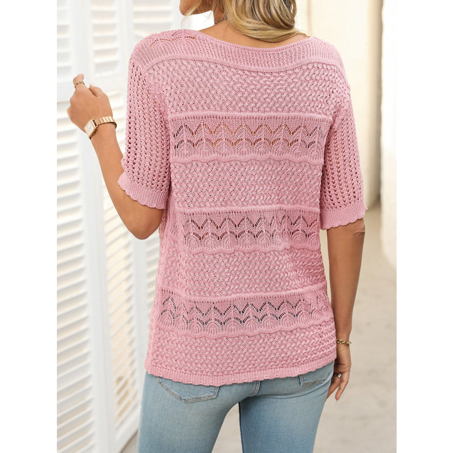 Openwork Round Neck Half Sleeve Knit Top Apparel and Accessories