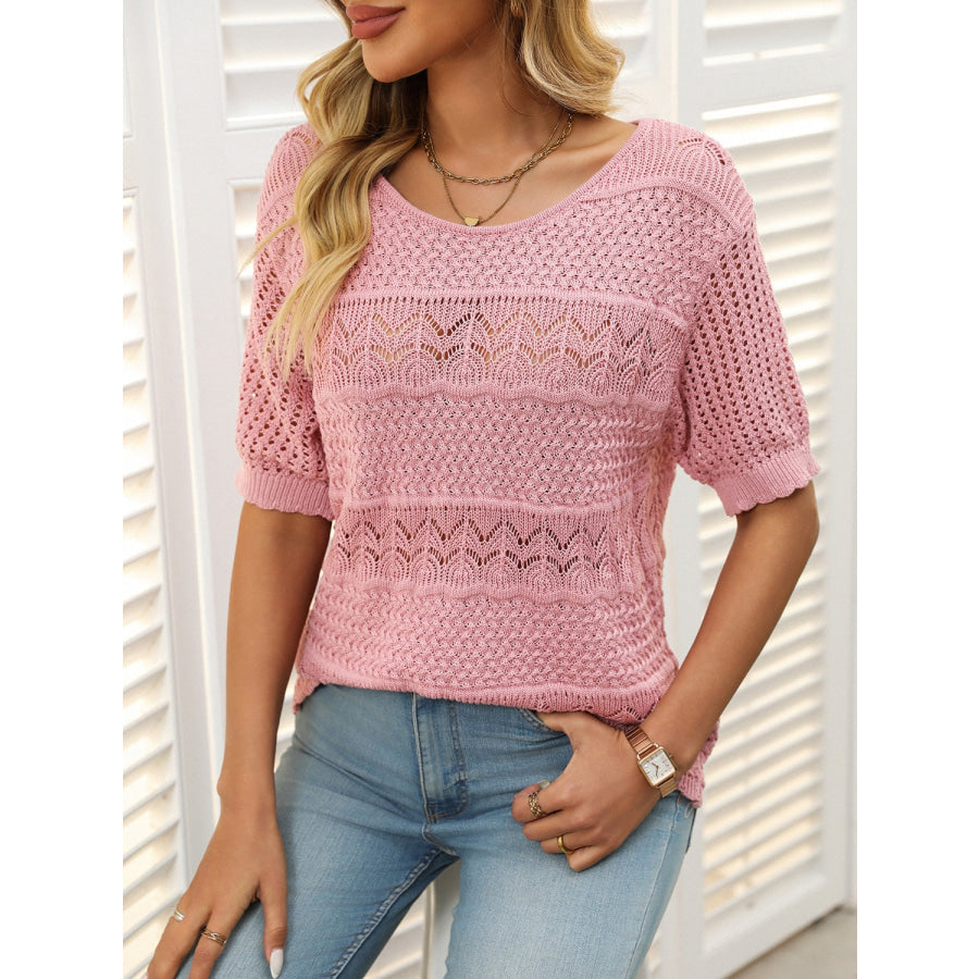 Openwork Round Neck Half Sleeve Knit Top Apparel and Accessories