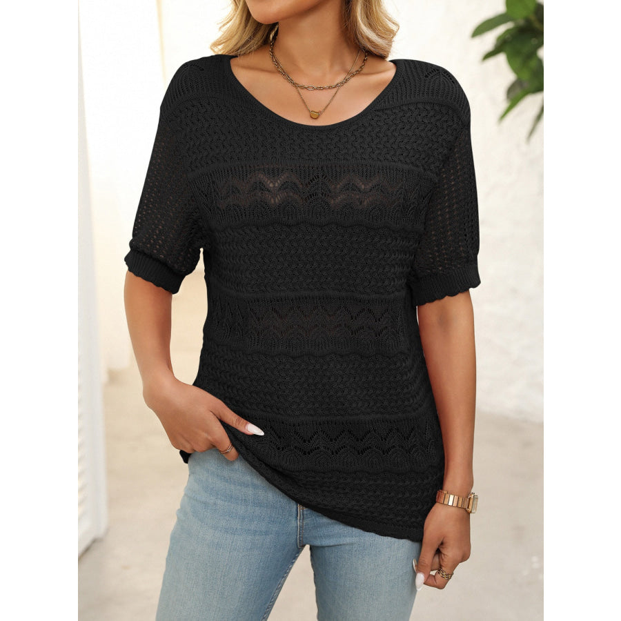 Openwork Round Neck Half Sleeve Knit Top Apparel and Accessories