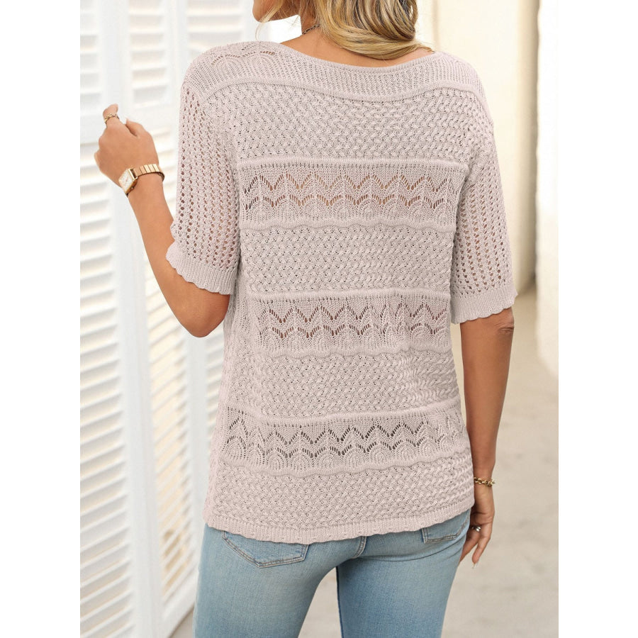 Openwork Round Neck Half Sleeve Knit Top Apparel and Accessories
