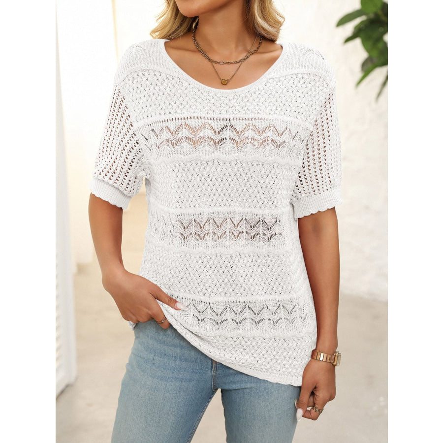 Openwork Round Neck Half Sleeve Knit Top Apparel and Accessories