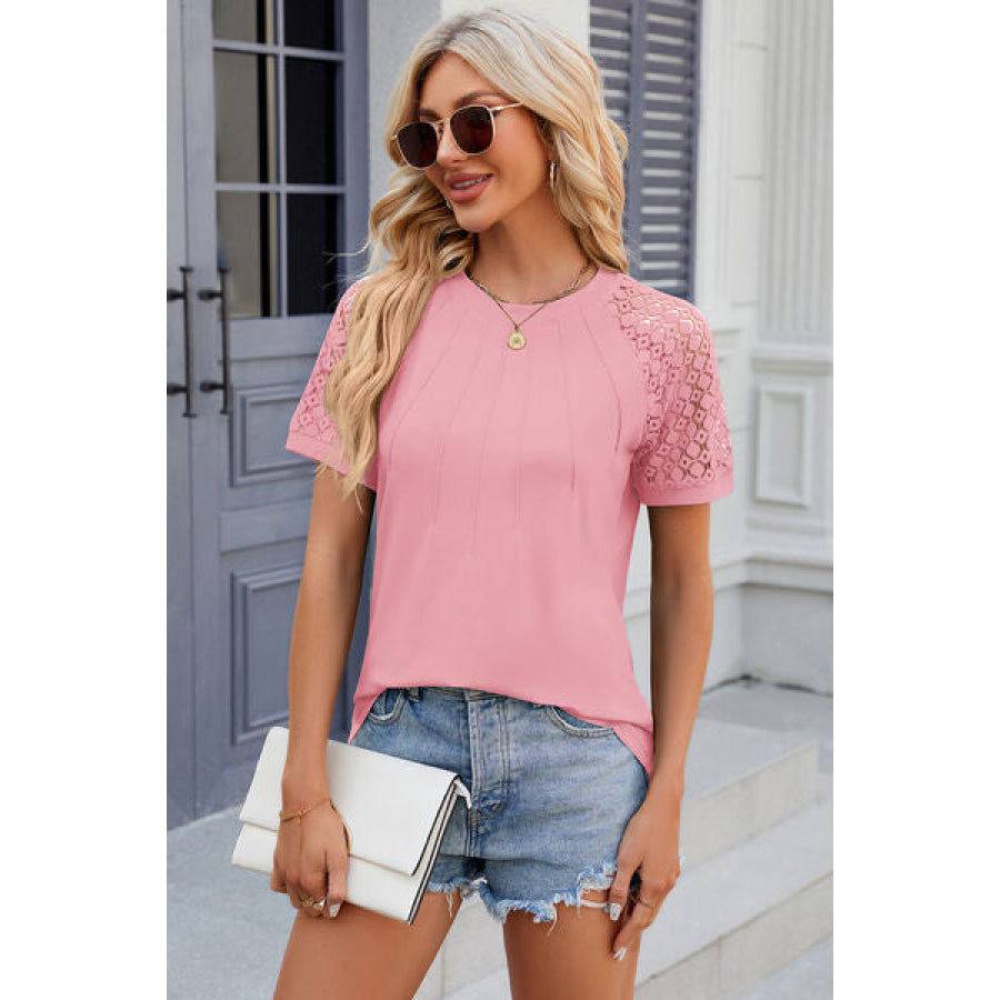 Openwork Round Neck Short Sleeve T - Shirt Apparel and Accessories