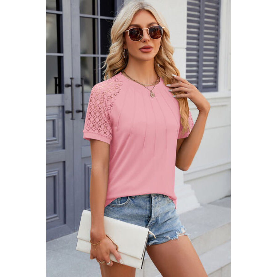 Openwork Round Neck Short Sleeve T - Shirt Apparel and Accessories