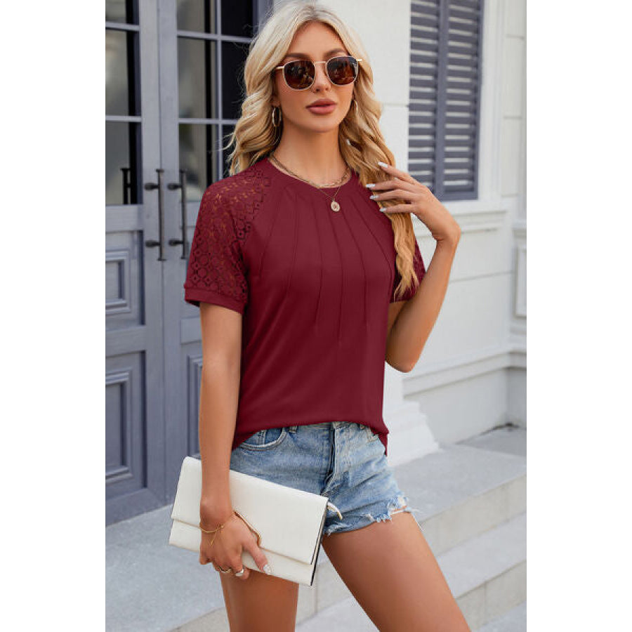 Openwork Round Neck Short Sleeve T - Shirt Apparel and Accessories