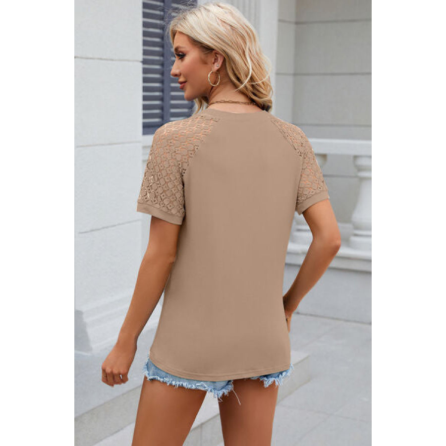 Openwork Round Neck Short Sleeve T - Shirt Apparel and Accessories