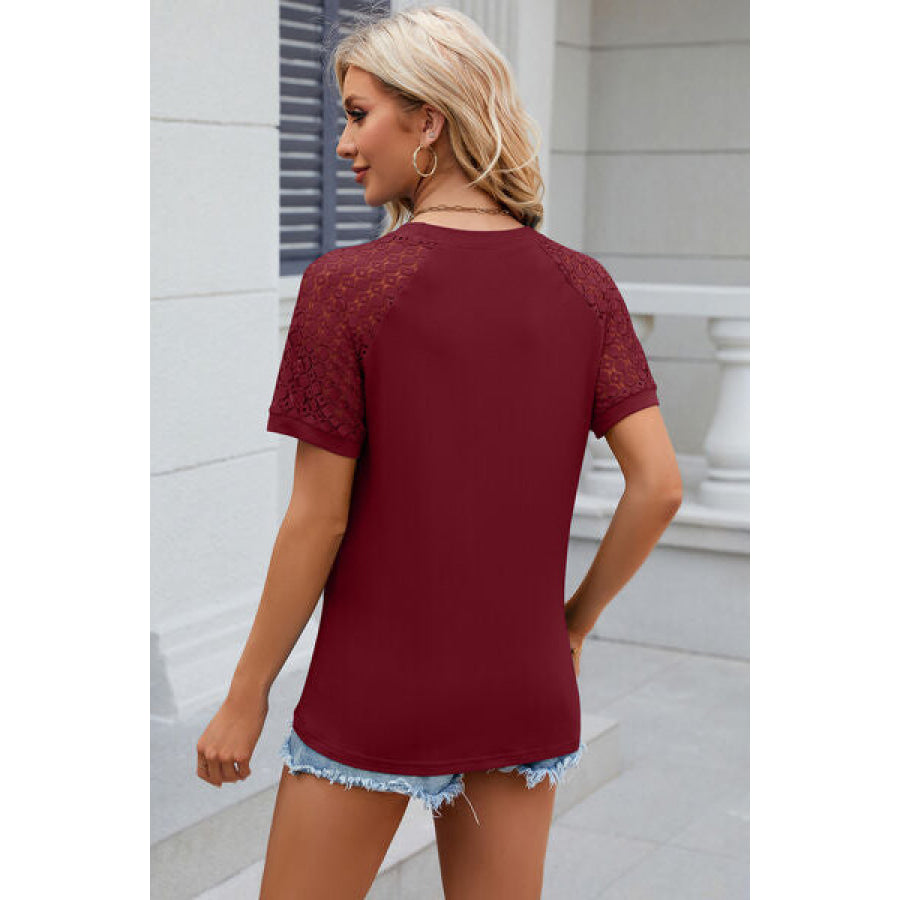 Openwork Round Neck Short Sleeve T - Shirt Apparel and Accessories