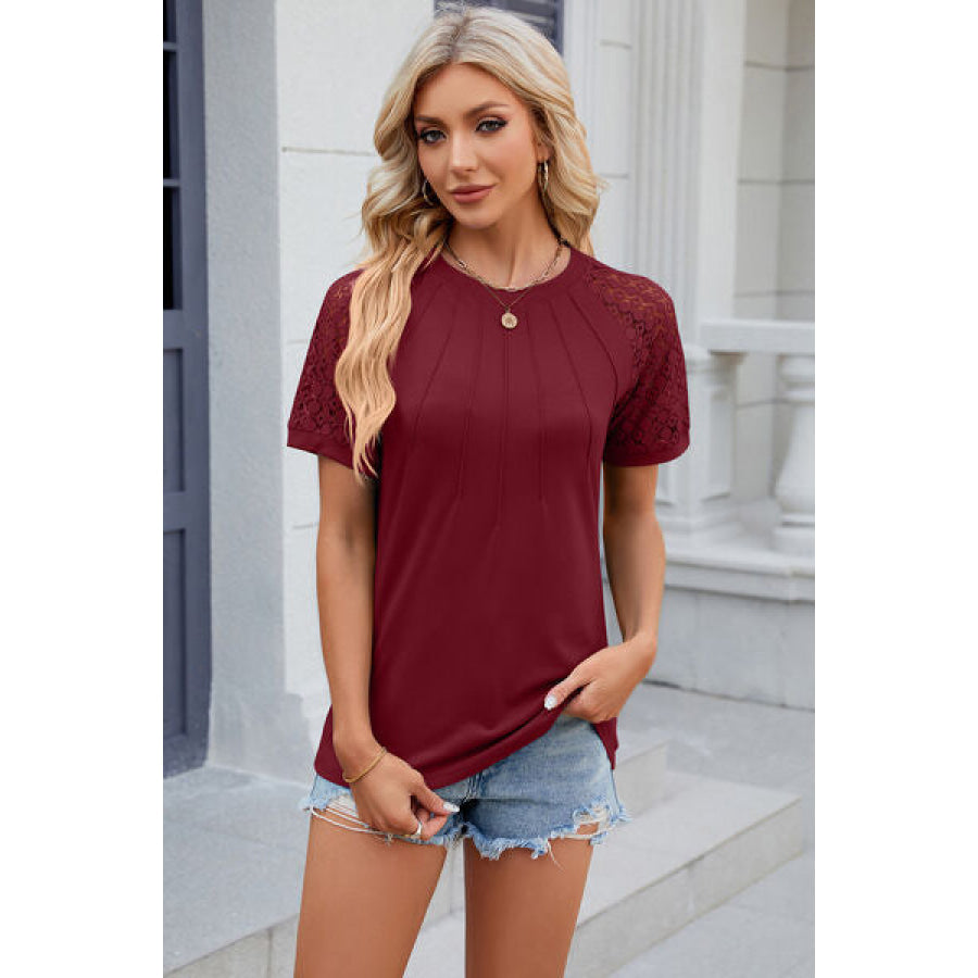Openwork Round Neck Short Sleeve T - Shirt Wine / S Apparel and Accessories