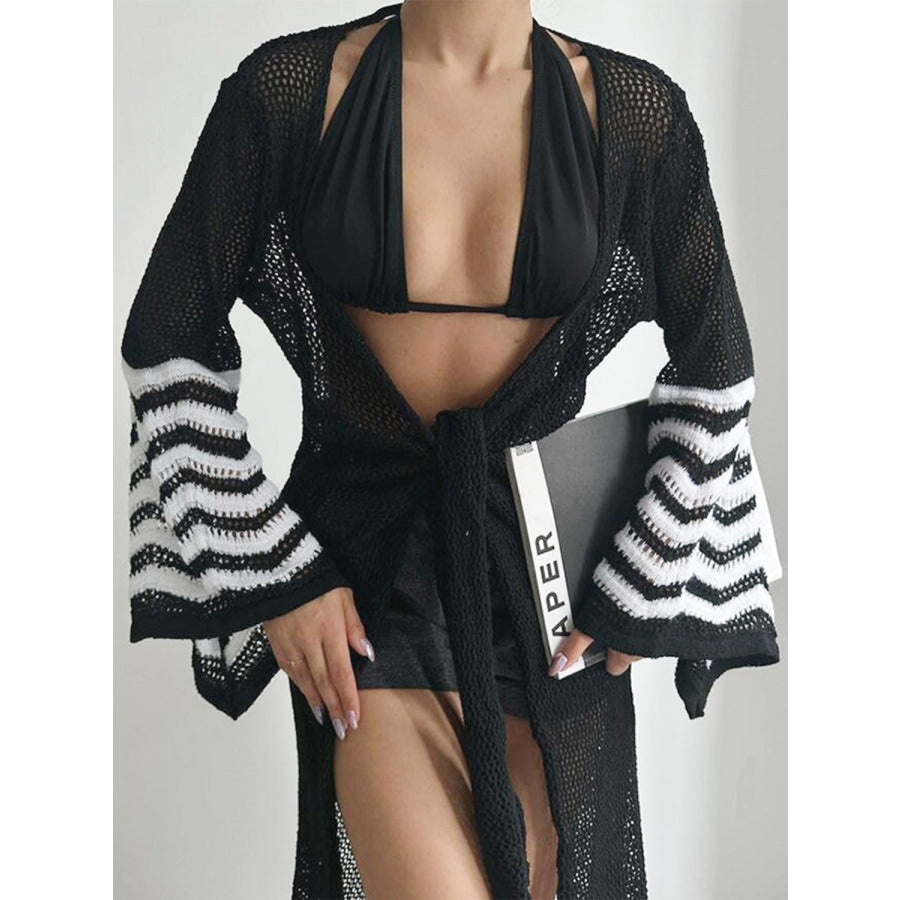 Openwork Striped Flare Sleeve Cover - Up Black / One Size Apparel and Accessories