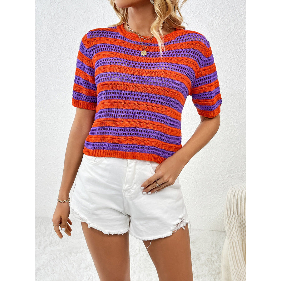 Openwork Striped Round Neck Short Sleeve Knit Top Apparel and Accessories