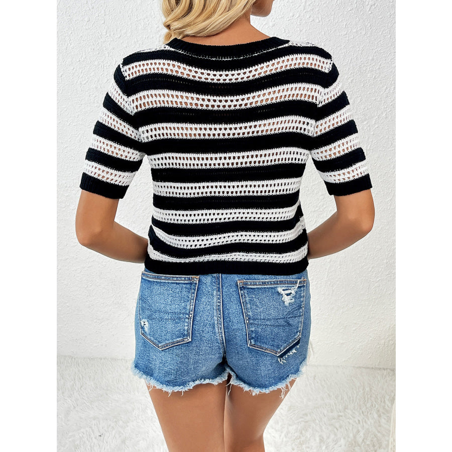 Openwork Striped Round Neck Short Sleeve Knit Top Apparel and Accessories