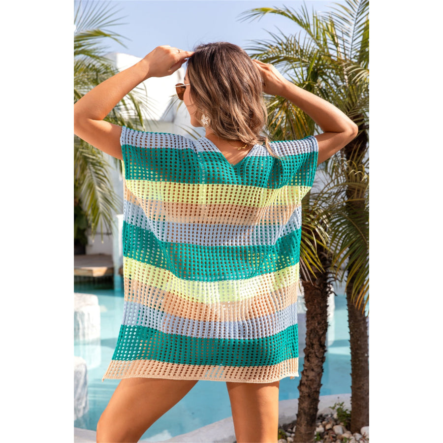 Openwork Striped V - Neck Short Sleeve Cover Up Teal / One Size Apparel and Accessories