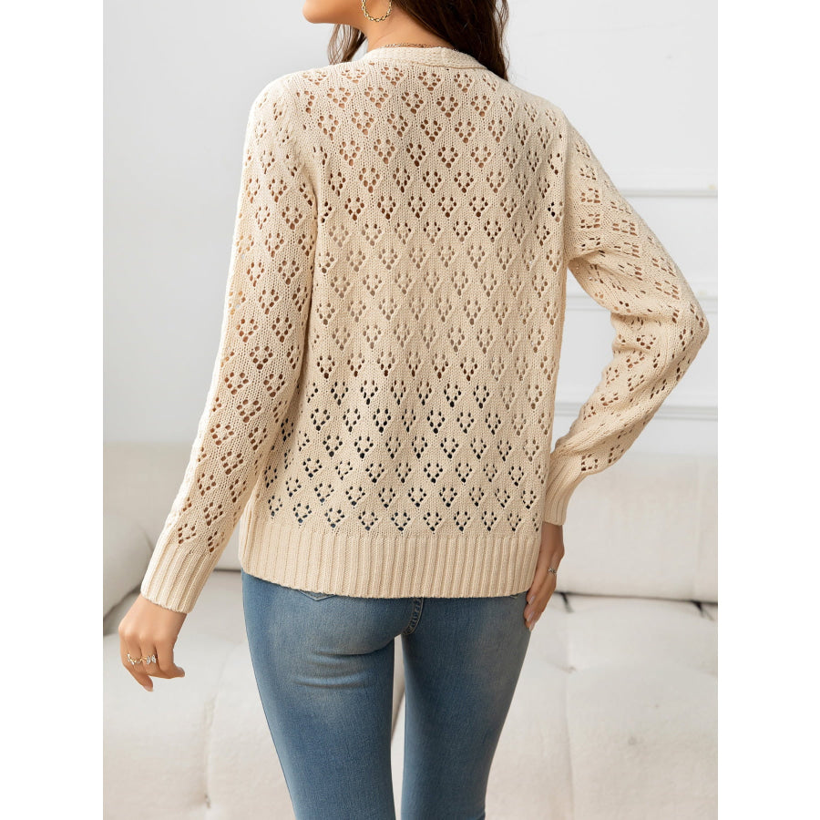 Openwork V-Neck Buttoned Knit Top Sand / S
