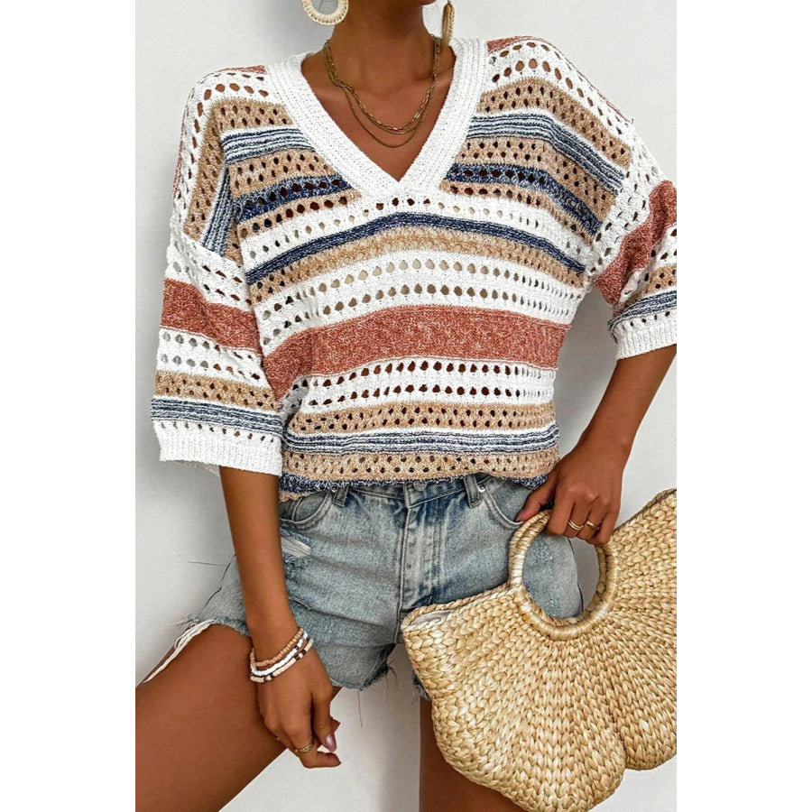 Openwork V-Neck Half Sleeve Knit Top Apparel and Accessories