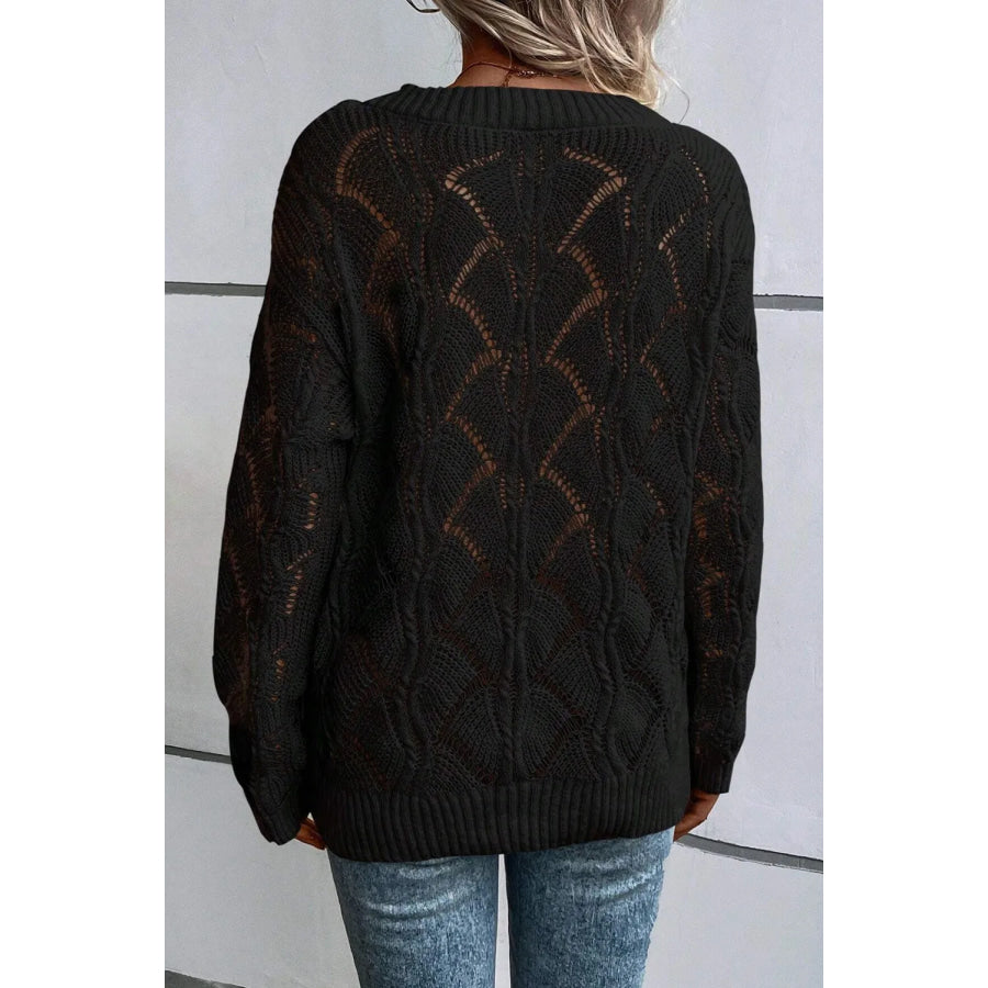 Openwork V-Neck Long Sleeve Sweater Apparel and Accessories
