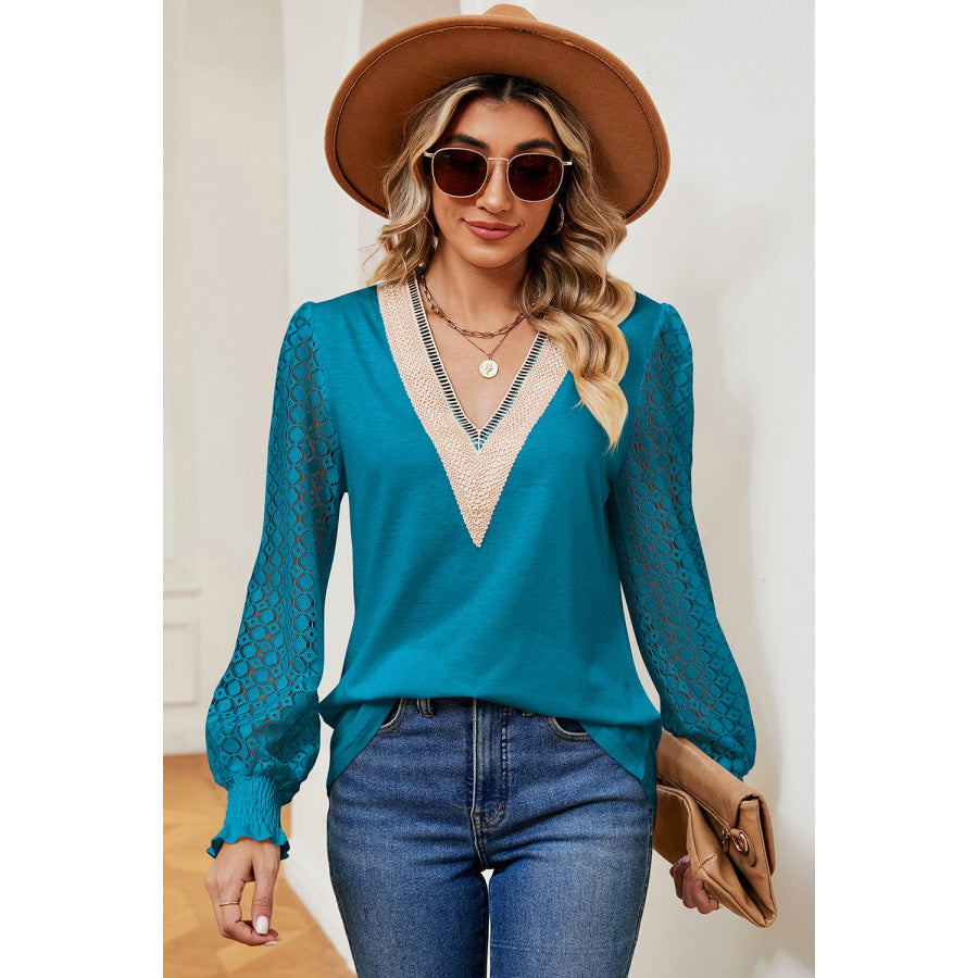 Openwork V - Neck Long Sleeve T - Shirt Apparel and Accessories