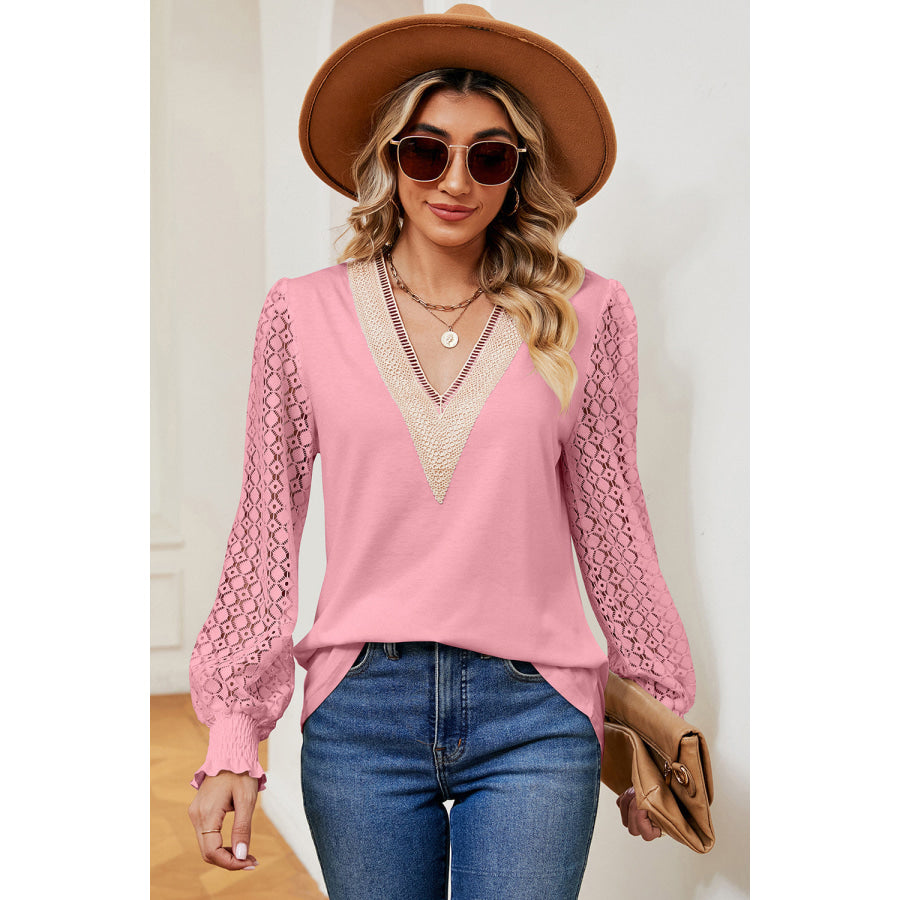 Openwork V - Neck Long Sleeve T - Shirt Apparel and Accessories
