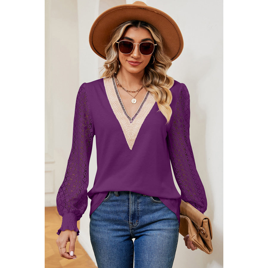 Openwork V - Neck Long Sleeve T - Shirt Apparel and Accessories