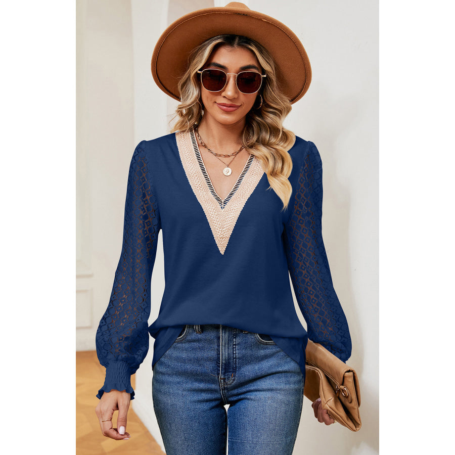 Openwork V - Neck Long Sleeve T - Shirt Apparel and Accessories