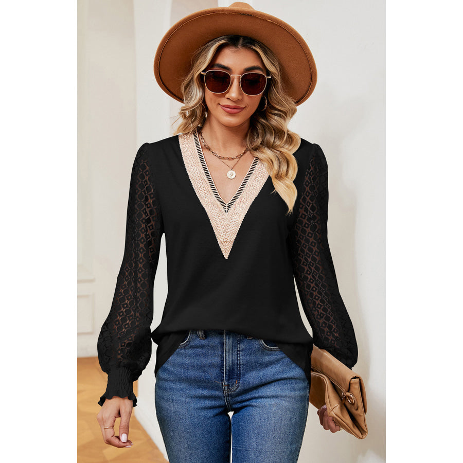Openwork V - Neck Long Sleeve T - Shirt Apparel and Accessories